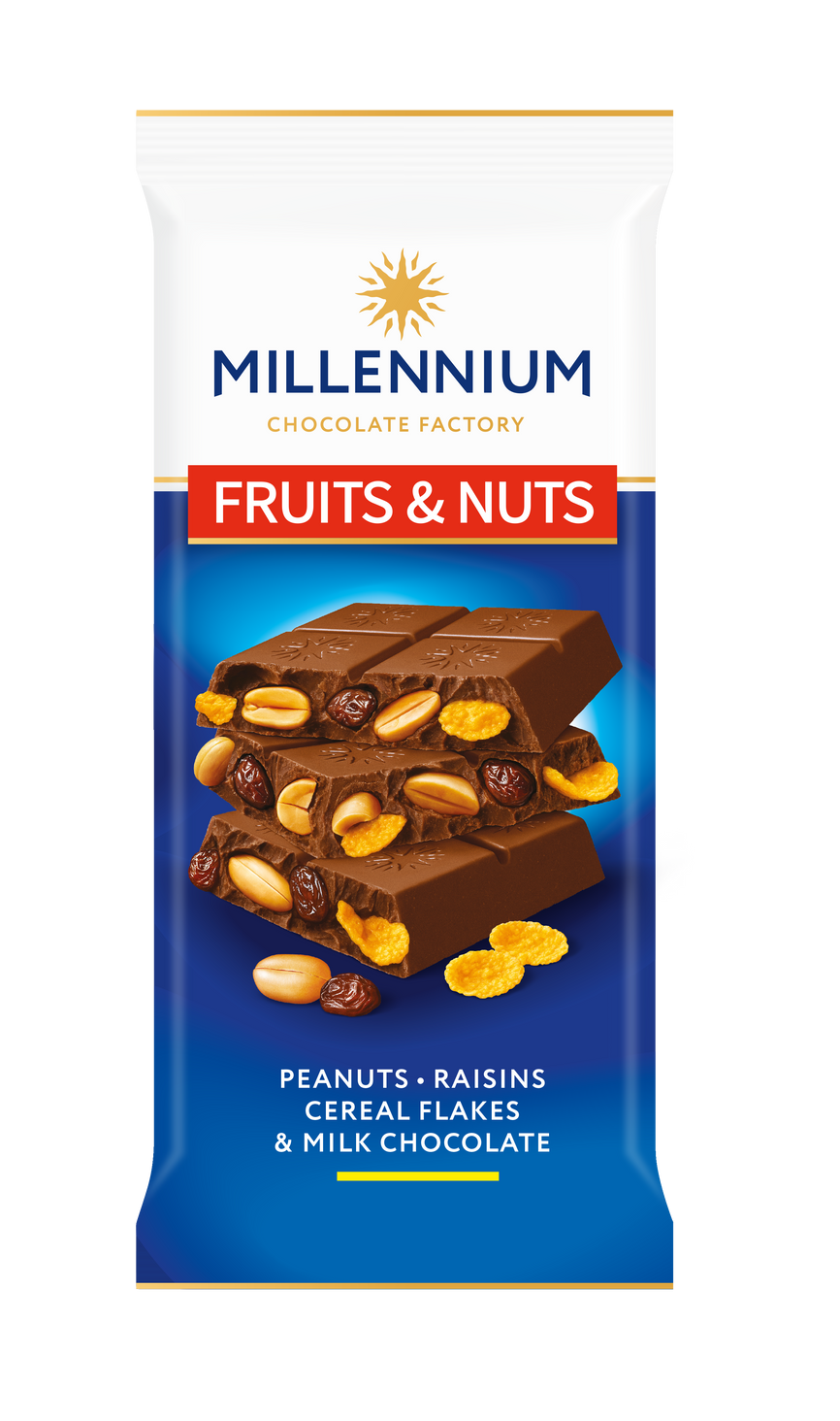 Обгортка плитки шоколаду Millennium з написом "Шоколад Millennium Fruits&Nuts мол з арахісом, родзинками, злаковими пластівцями та мигдалем 90г" на синьо-білому тлі.