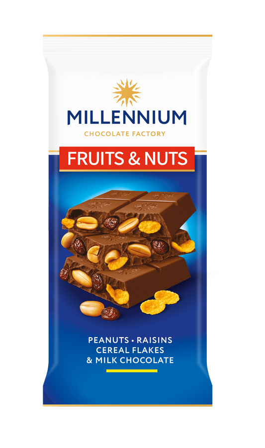 Шоколад Millennium Fruits&Nuts мол з арахісом, родзинками, злаковими пластівцями та мигдалем 90г