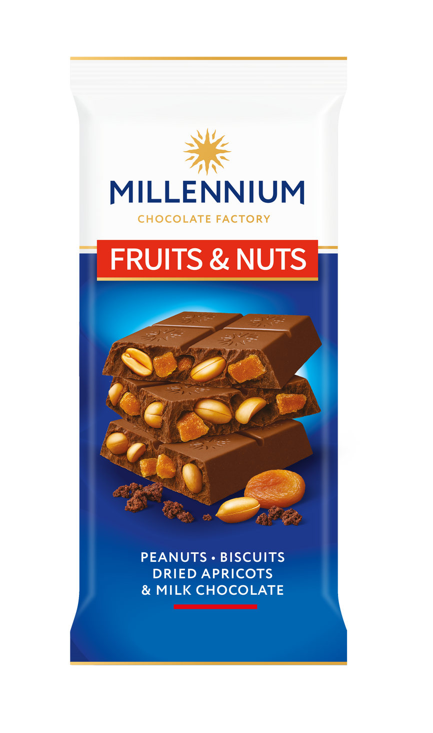 Обгортка для шоколаду Millennium Chocolate "Шоколад Millennium Fruits&Nuts мол з арахісом, бісквітом, курагою та мигдалем 90г" підкреслює арахіс, печиво, курагу, мигдаль та молочний шоколад.