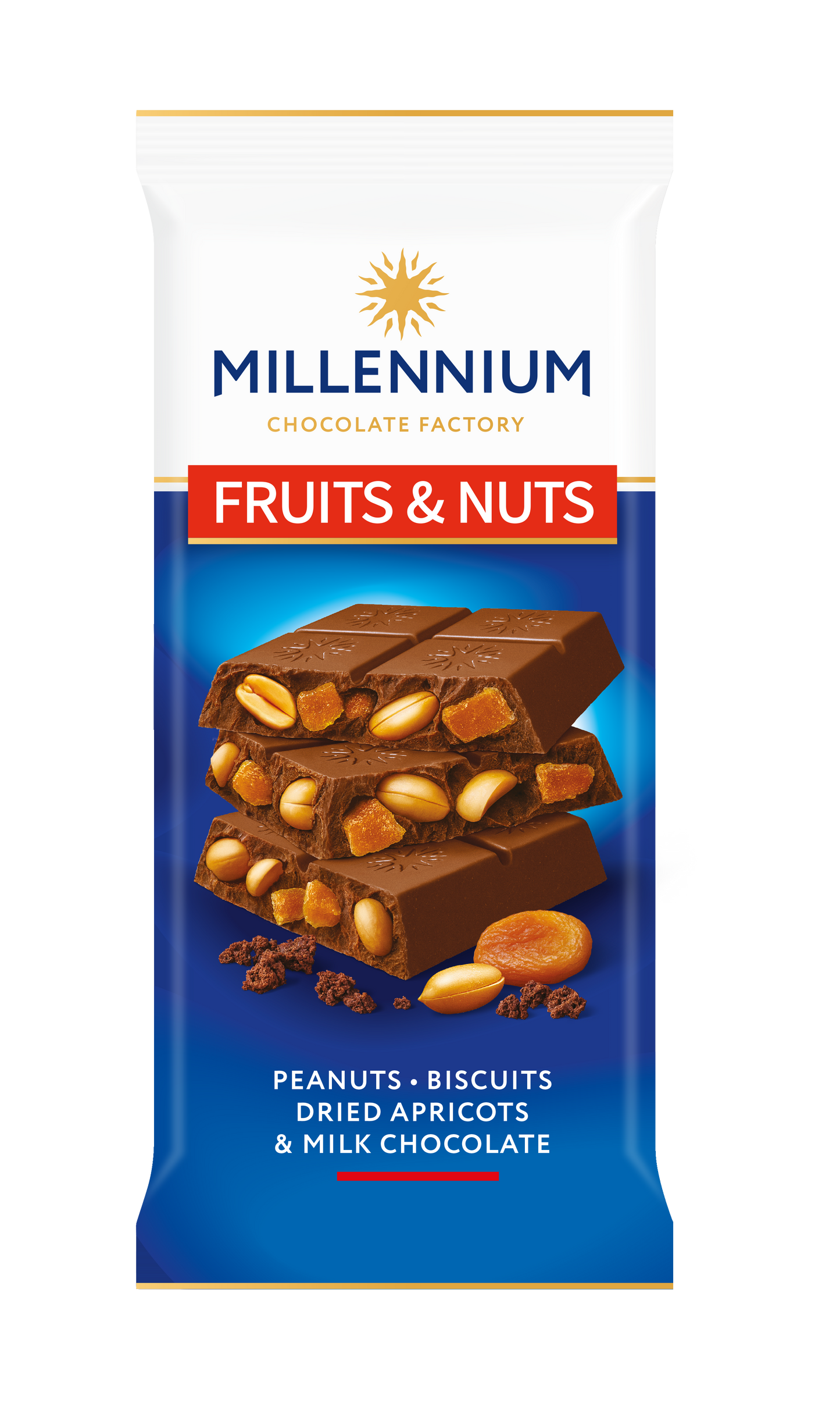Обгортка для шоколаду Millennium Chocolate "Шоколад Millennium Fruits&Nuts мол з арахісом, бісквітом, курагою та мигдалем 90г" підкреслює арахіс, печиво, курагу, мигдаль та молочний шоколад.