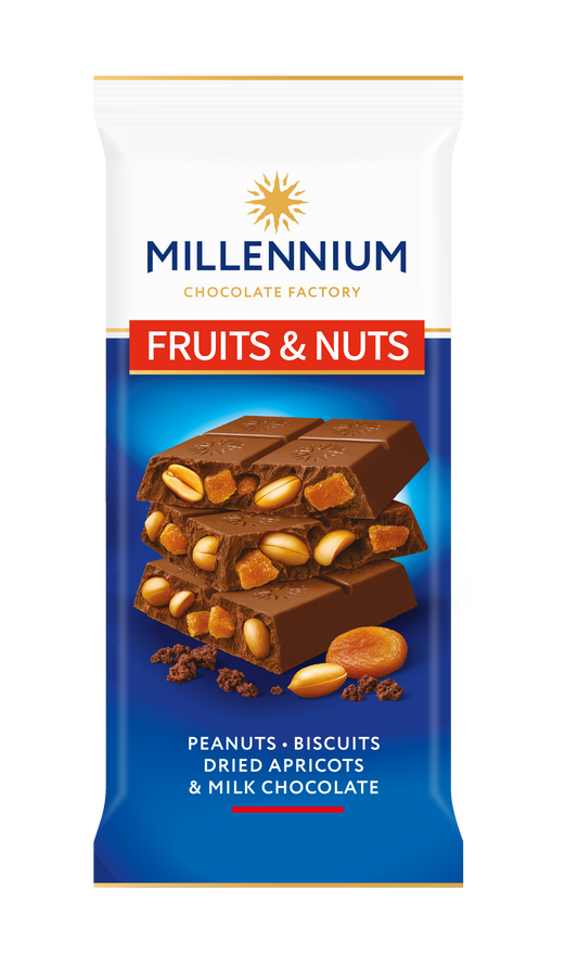 Обгортка для шоколаду Millennium Chocolate "Шоколад Millennium Fruits&Nuts мол з арахісом, бісквітом, курагою та мигдалем 90г" підкреслює арахіс, печиво, курагу, мигдаль та молочний шоколад.