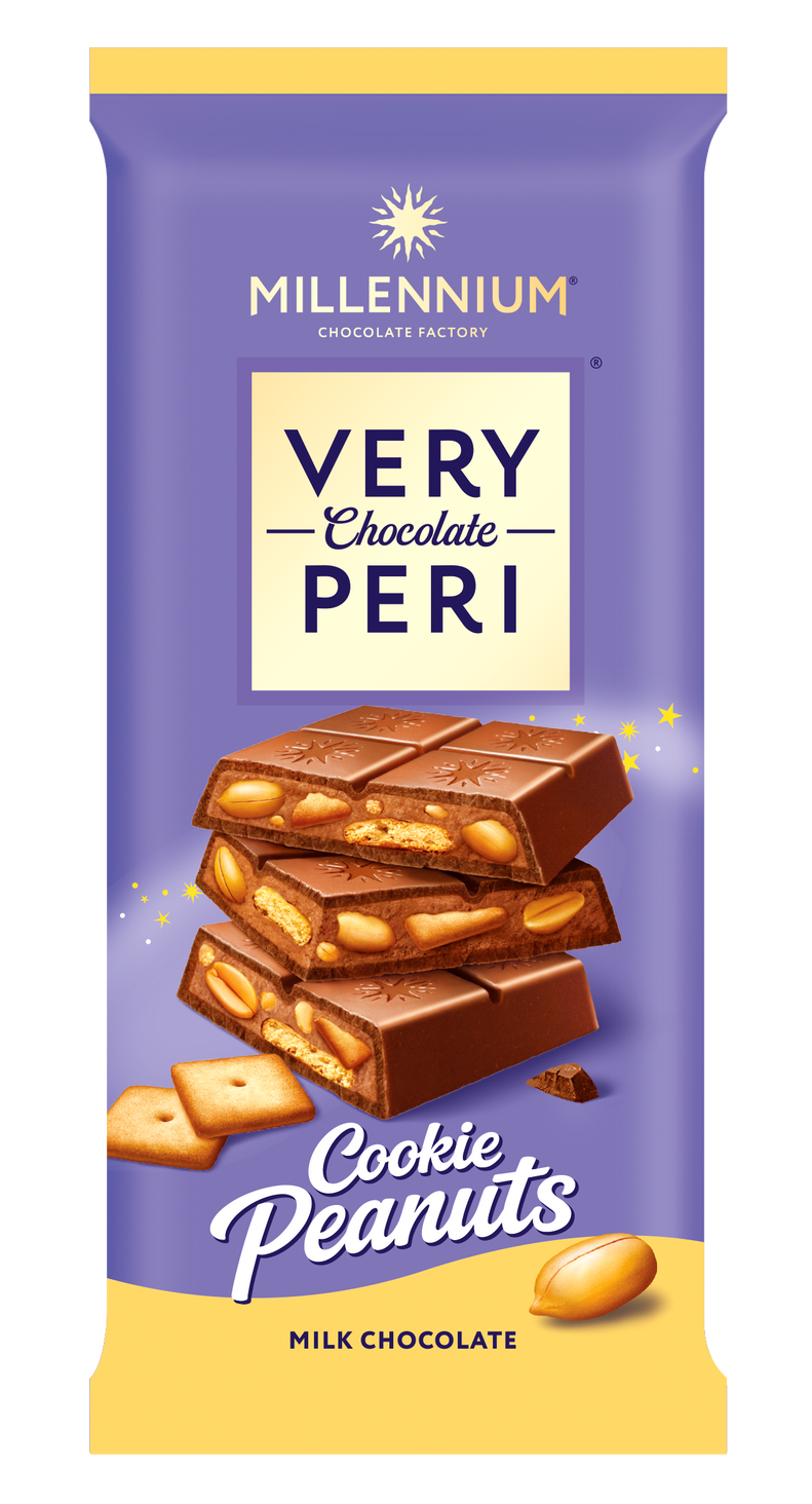 Фіолетово-жовта обгортка з написом Millennium Chocolate Шоколад Very Peri Молочний шоколад із шоколадною начинкою, арахісом та шматочками солоного крекеру, with images of chocolate squares, peanuts, and cracker pieces.