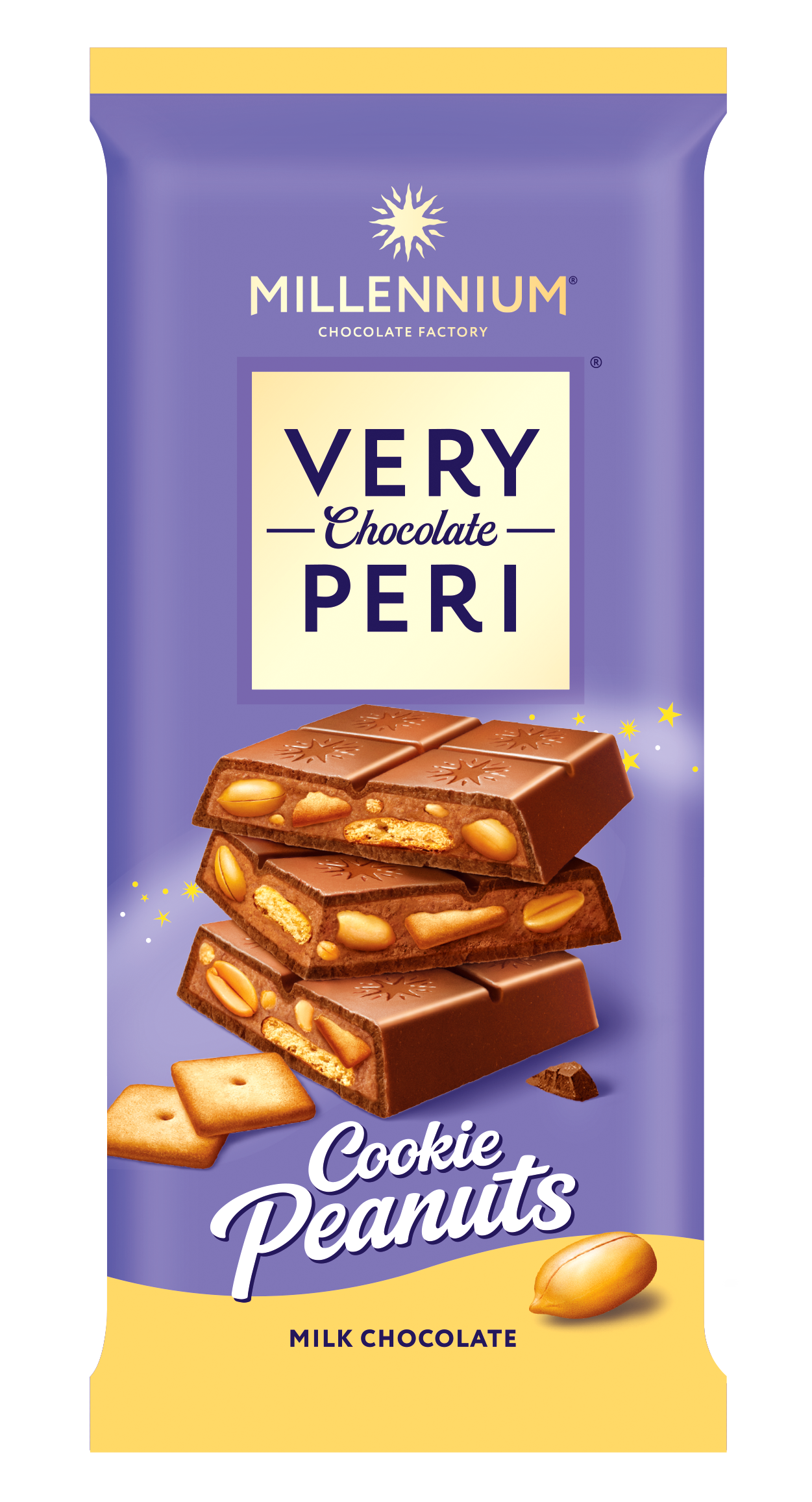 Фіолетово-жовта обгортка з написом Millennium Chocolate Шоколад Very Peri Молочний шоколад із шоколадною начинкою, арахісом та шматочками солоного крекеру, with images of chocolate squares, peanuts, and cracker pieces.