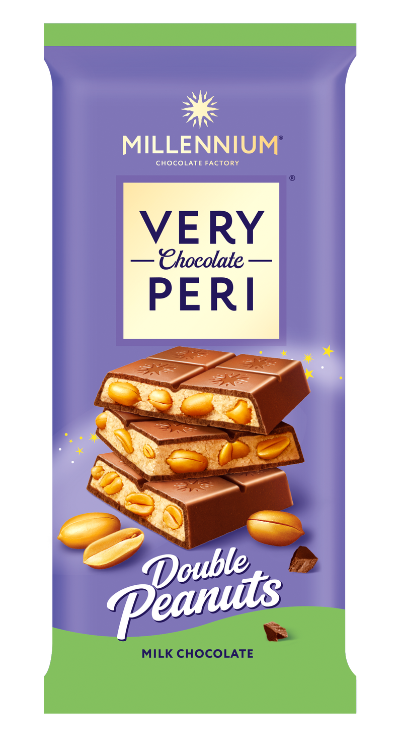 Фіолетово-зелена обгортка з написом Millennium Chocolate, Шоколад Millennium Very Молочний шоколад з ніжною вершково-арахісовою начинкою, цілим та подрібненим арахісом, із зображеннями шоколаду, наповненого цілим та подрібненим арахісом.