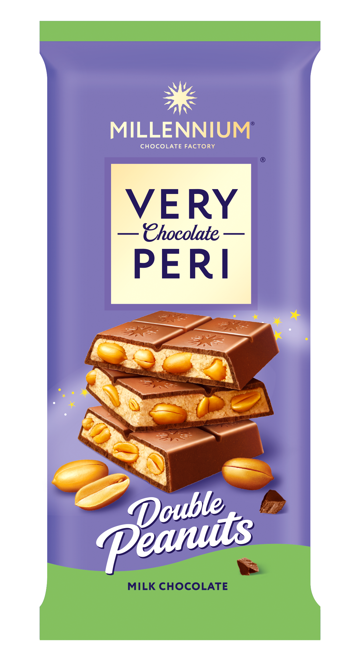 Фіолетово-зелена обгортка з написом Millennium Chocolate, Шоколад Millennium Very Молочний шоколад з ніжною вершково-арахісовою начинкою, цілим та подрібненим арахісом, із зображеннями шоколаду, наповненого цілим та подрібненим арахісом.