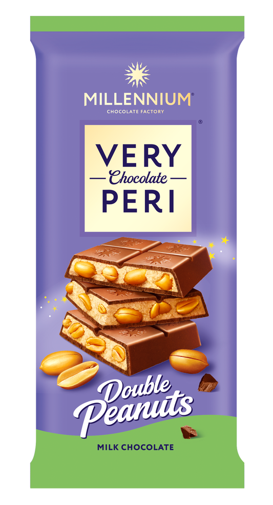 Фіолетово-зелена обгортка з написом Millennium Chocolate, Шоколад Millennium Very Молочний шоколад з ніжною вершково-арахісовою начинкою, цілим та подрібненим арахісом, із зображеннями шоколаду, наповненого цілим та подрібненим арахісом.