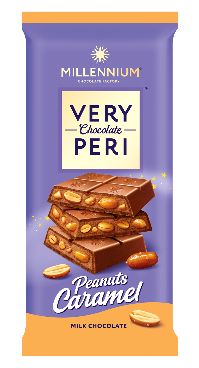 На обгортці плитки Millennium Chocolate "Молочний шоколад з ніжною арахісовою начинкою, цілим арахісом та шматочками карамелізованого арахісу" містить шоколадні квадрати з арахісовою начинкою на фіолетово-помаранчевому тлі з арахісовим мистецтвом.
