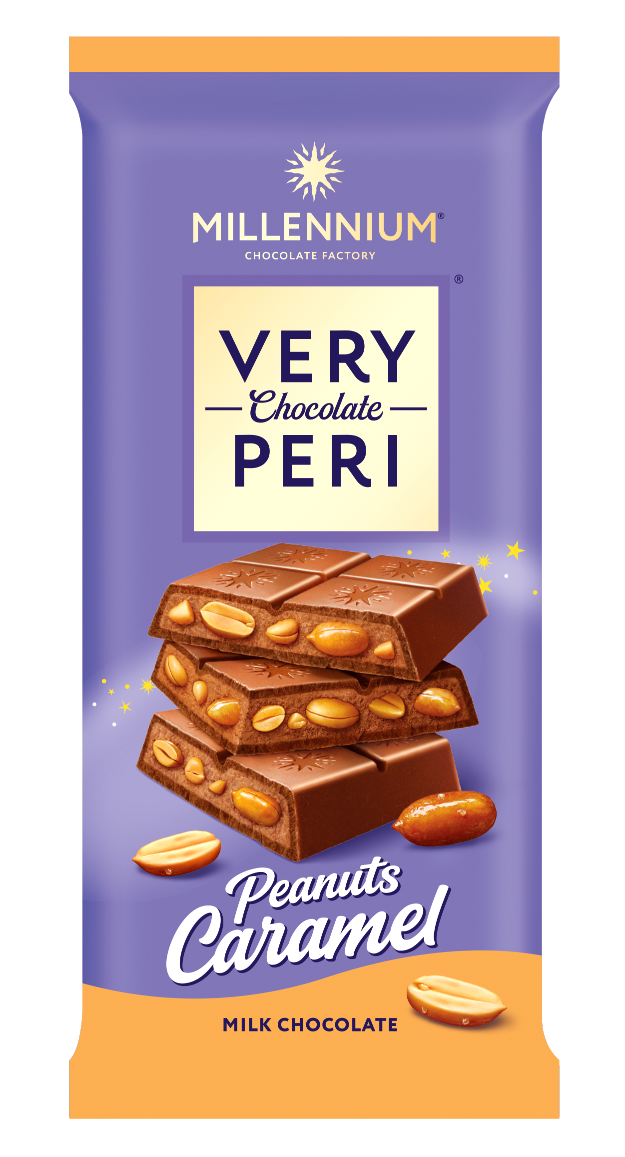 На обгортці плитки Millennium Chocolate "Молочний шоколад з ніжною арахісовою начинкою, цілим арахісом та шматочками карамелізованого арахісу" містить шоколадні квадрати з арахісовою начинкою на фіолетово-помаранчевому тлі з арахісовим мистецтвом.