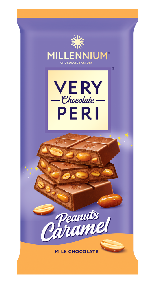 На обгортці плитки Millennium Chocolate "Молочний шоколад з ніжною арахісовою начинкою, цілим арахісом та шматочками карамелізованого арахісу" містить шоколадні квадрати з арахісовою начинкою на фіолетово-помаранчевому тлі з арахісовим мистецтвом.