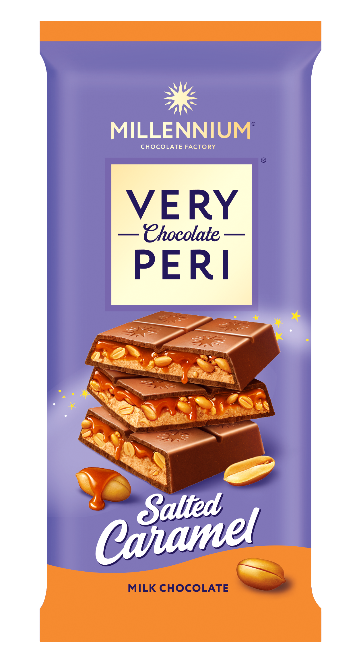 Яскрава обгортка з написом Millennium Chocolate, на якій зображено Шоколад Millennium Very Peri Молочний шоколад з арахісовою начинкою, подрібненим арахісом та тягучою солоною карамеллю з зображеннями арахісу та карамельних крапель.